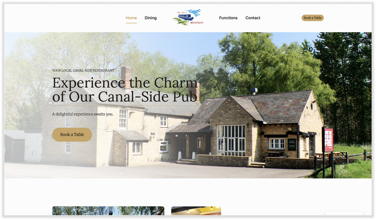 The Jolly Boatman pub website home page that is an image of the pub to show web design